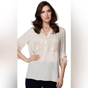 Joseph Ribkoff Women’s Cream Sequin Pocket Blouse Size 8